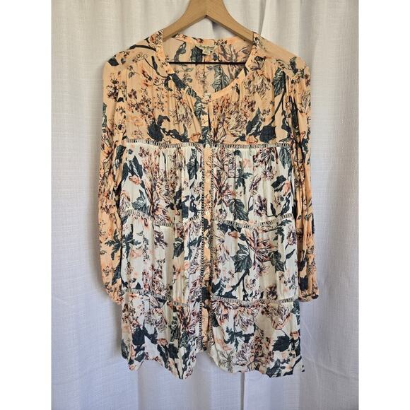 LUCKY BRAND Womens 2X Boho Mixed Print Floral Cutout Peasant Top Peach Hippie - Picture 1 of 7